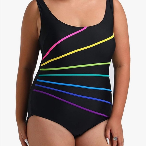 Black Women's One Piece Swimsuit with Rainbow Stripes - Picture 1 of 5